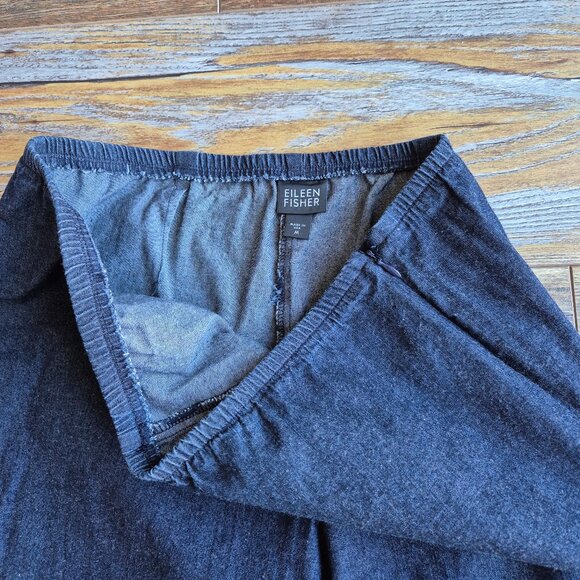 Vintage EILEEN FISHER Cotton Blend Blue Chambray Ankle Pants Elastic-Waist Zip - Picture 5 of 10